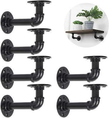 Set of 6 Industrial Iron Pipe Shelf Brackets Floating Black Shelves Wall Mounted