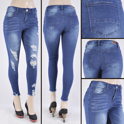 Women stretch denim skinny Jeans distressed basic 5pockets #ED-17850 indigo wash