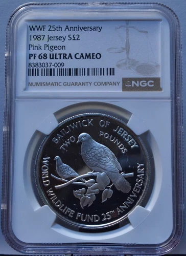 1987 £2 POUND JERSEY WWF 25TH ANNIV. PINK PIGEON NGC PF68 UCAM SILVER COIN