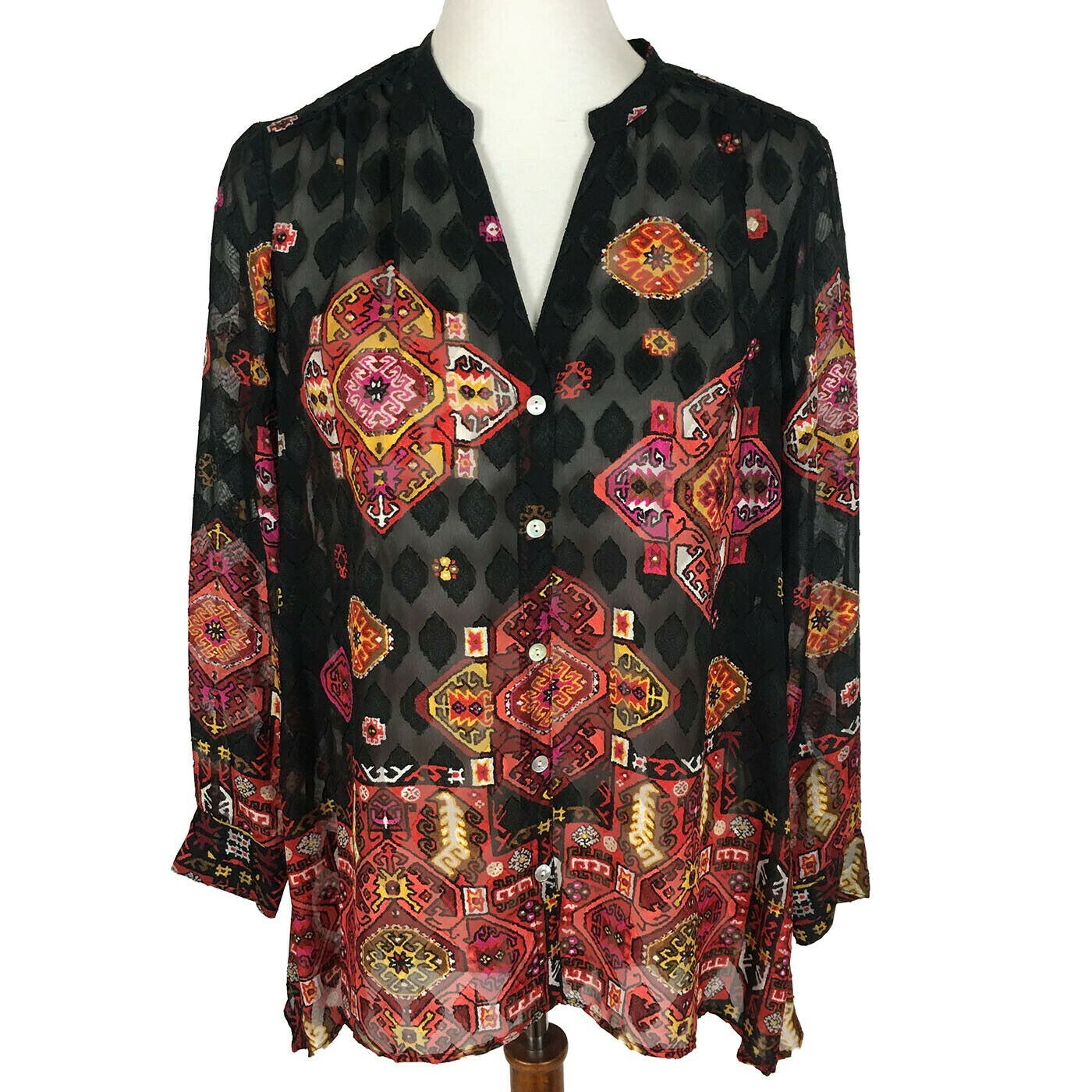 Ruby Rd Womens Button Front Blouse Aztec Print Sh… - image 1