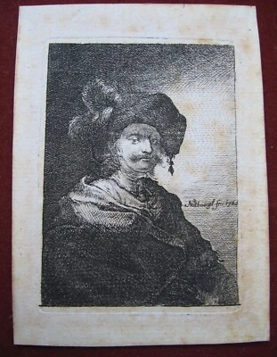 Nothnagel: Mann mit Federhut 1764/Man with plumed Hat Print Radierung Rembrandt - Bild 1 von 4