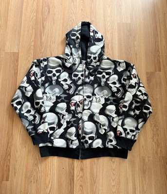VTG Y2K Famous Stars & Straps AOP Skull Hoodie (L) - Used - Travis
