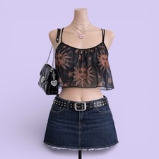 Romwe Black Sun Moon Sheer Mesh Crop Top Size L Celestial Adjustable Rave Grunge