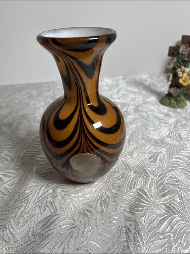 Vintage Murano Tiger Stripe Art Glass Vase Clear Round Windows Opaque Inside