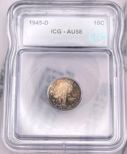1945-D Mercury Dime Silver AU58 Crescent Rainbow Tone