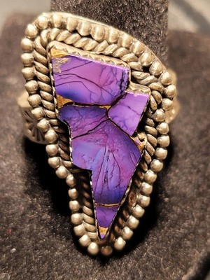 Purple Copper Infused Turquoise Adjustable Lightning Bolt Ring SS 925 