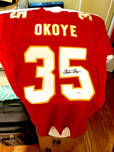 Kansas City Chiefs Christian Okoye Autographed Pro Style Red Jersey JSA Authe...