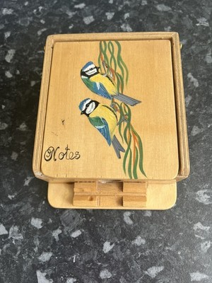 Vintage Schreibpapier aus Holz - Notizblock - Aufbewahrungsbox - handbemalt - Blaumeisen