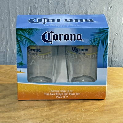 Corona Extra 16 oz Pint Glass Set Of Two ''Find Your Beach'' New Sealed