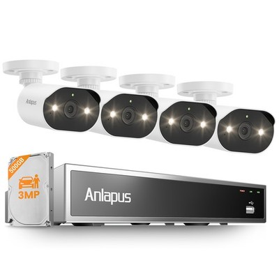 Anlapus 3MP PoE Überwachungskamera Set Außen 8CH 500GB 5MP NVR 2 Wege Audio IP66