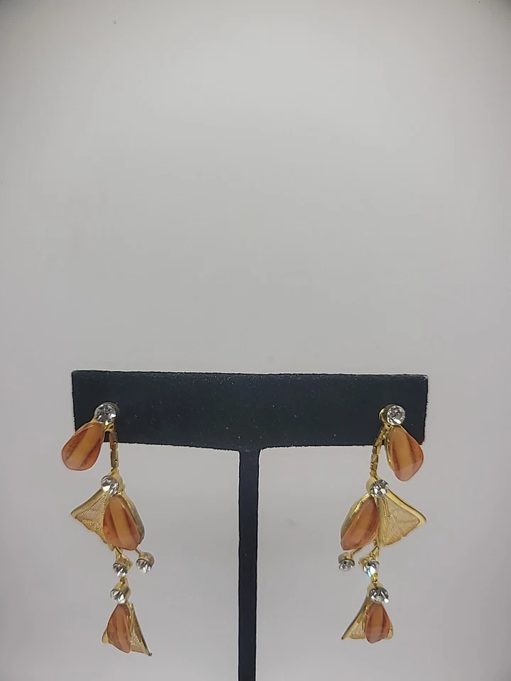 Pendientes Vintage Perforados Amarillo Naranja Malla Cristales Blancos Joyería Disfraz Foto 2 de 4
