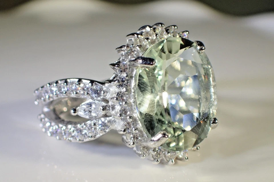 ANILLO NATURAL 14x12mm AMATISTA VERDE-WH CIRCONITA 925 PLATA 14k chapado en oro 7,25 #540 Foto 2 de 3