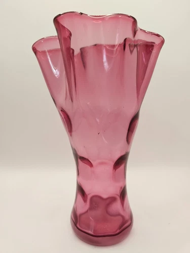 Vintage Fenton Cranberry Thubprint/coin Dot Handkerchief Ruffled Top Vase