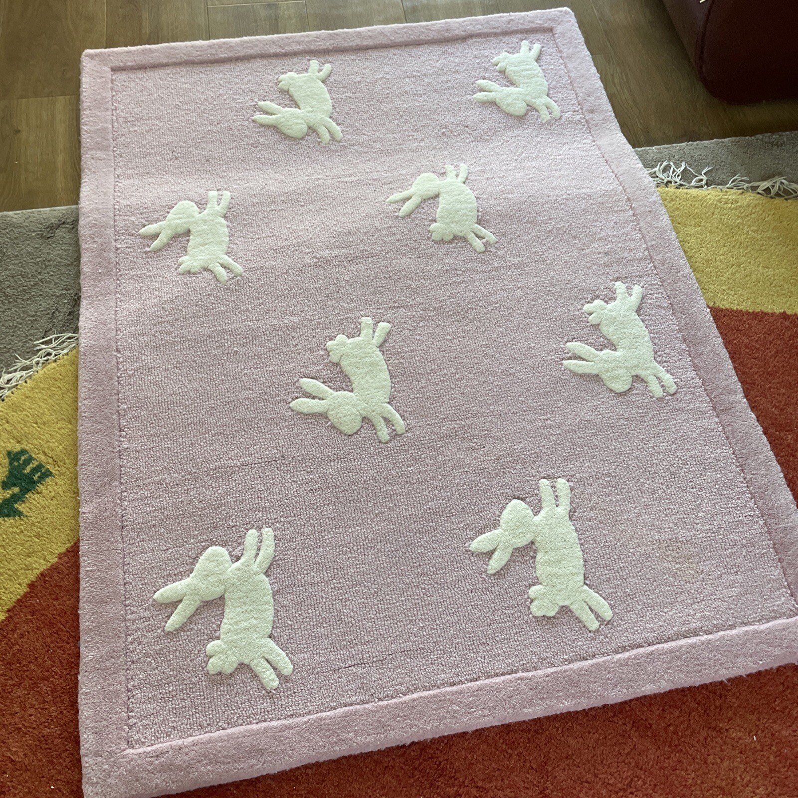 100 Wool Rug. Bunnies. 120x90cm. Pink eBay