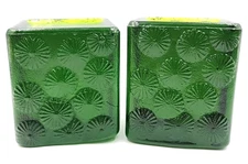 Vintage MCM Blenko Glass #6725 Starburst Cube Olive Green Bookends By Joel Myers