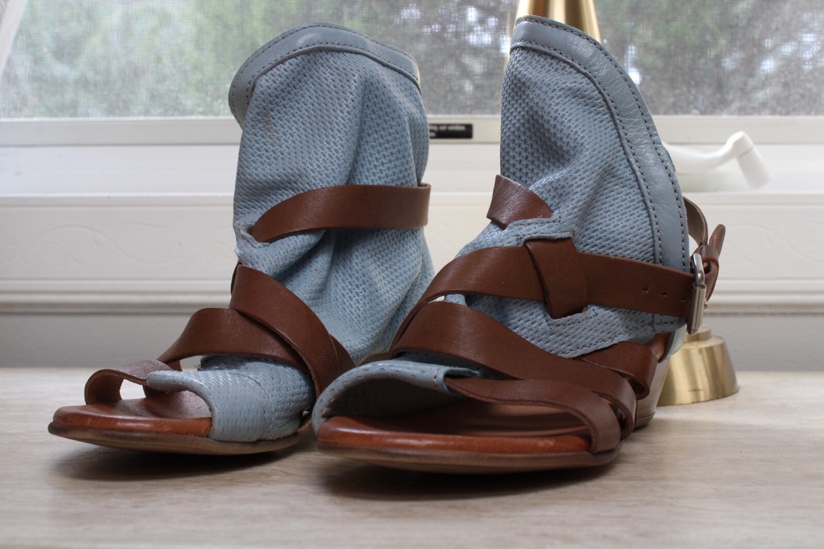 Miz Mooz Leather Wide Multi-Strap Heeled Sandals Cassidy Sky Blue EU  37W