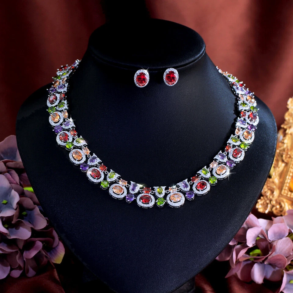 Multicolor Oval Geometrisch Halskette Ohrringe Versilbert CZ Brautschmuck Set