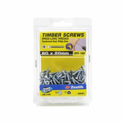 Zenith 8G x 20mm Zinc Plated Hinge-Long Thread Countersunk Head Timber Screws - 