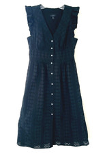 J.Crew Wpmen's 6 Black Ruffle Sleeveless Button Up V-Neck Pocket Lace Dress