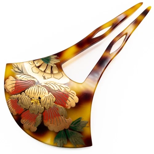 VTG Japanese Ogi-kanzashi Hair Ornament Lacquered Celluloid Fan Shaped Design