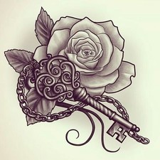 Rose and Ornate Key Tattoo Flash Black and White Art Design