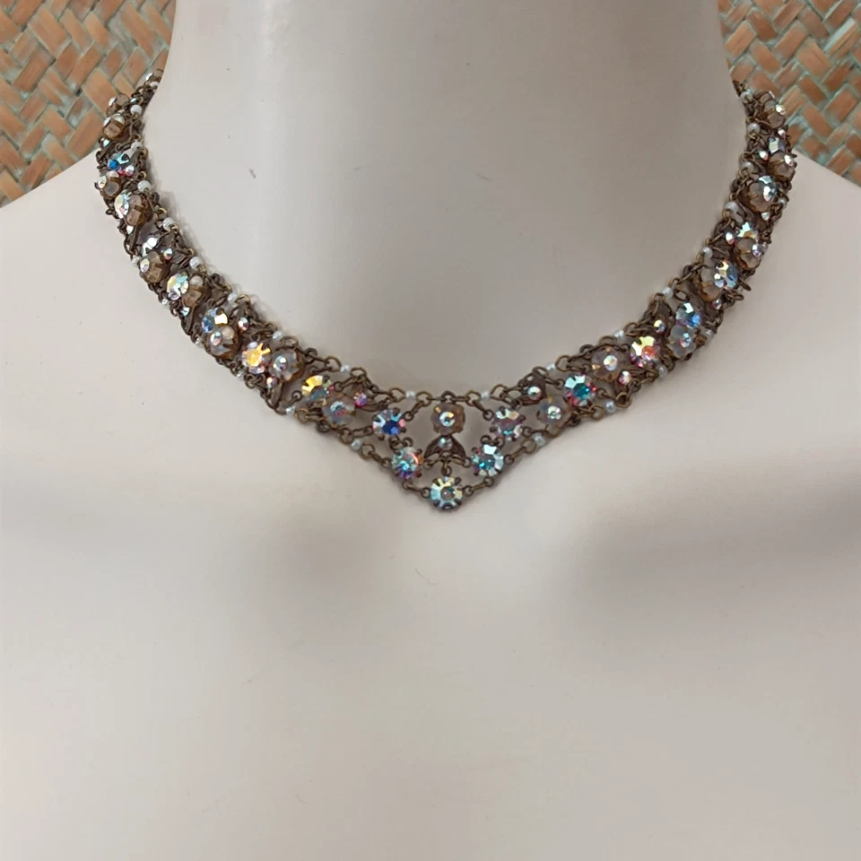 Michal Negrin Choker Necklace AB Crystals Boho Collar V Cocktail Shabby Chic VTG - Image 3 of 4