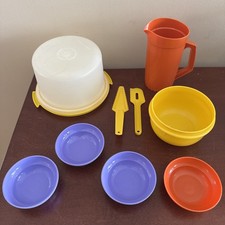 Lot - 10 Vintage Tupperware Play Toys Children  s Bowls Pitcher Cake Cover Serv