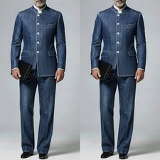 Luxury Denim Men's Suits Fashion Single Breasted Stand Lapel Slim Fit 2 Piece