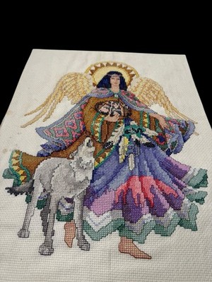 Guardian Tribal Angel Finished Cross Stitch Artwork Vtg Western Barbara Baatz