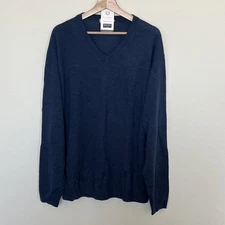 Mens TURNBURY MERINO WOOL Navy Blue Sweater Pullover V-Neck Long Sleeve Sz Large