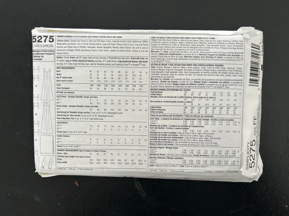 Simplicity 5275 Evening Wear Wedding Dress Sewing Pattern 18W-24W Uncut - Image 2 of 4