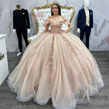 Blush Pink Off‑Shoulder Quinceanera Ball Gown Floral Lace Applique Tulle Sweet15
