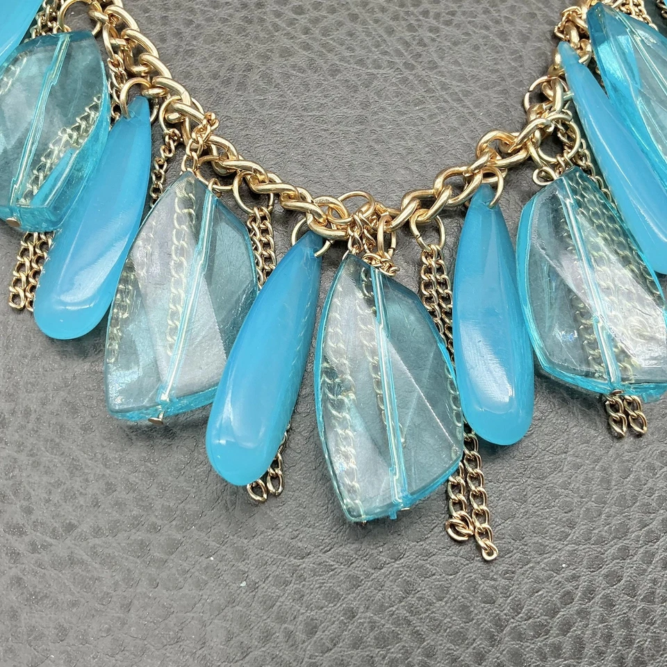 Statement Bib Necklace Womens Gold Tone Turquoise Blue Acrylic Teardrop Fringe - Image 4 of 4