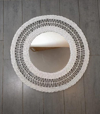 Vintage MCM Boho Chic White Wicker Rattan Round Sunburst Wall Mirror Hong Kong - image 1 of 4