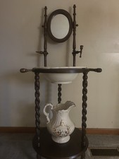 Antique Wooden Washstand with Mirror, Ceramic Pitcher and Basin, Dark Wood Tone