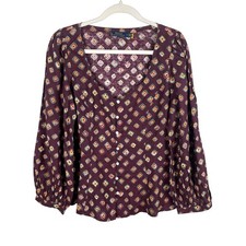 Polo Ralph Lauren 100% Linen Button Front Top Womens 12 Burgundy Diamond Print