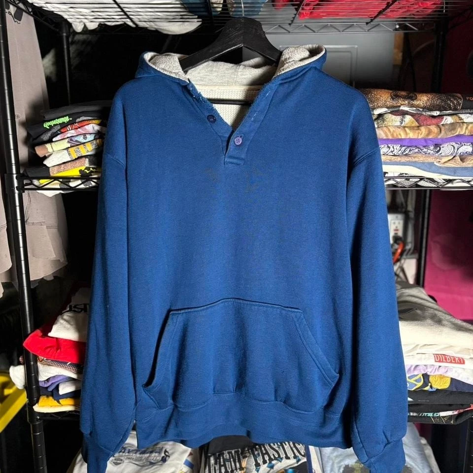 Vintage 60s 70s Double Face Thermal Lined Quarter Button Blue Hoodie Sz M