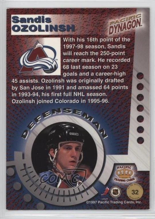 1997-98 Pacific Dynagon Ice Blue Sandis Ozolinsh #32 - Image 2 of 2