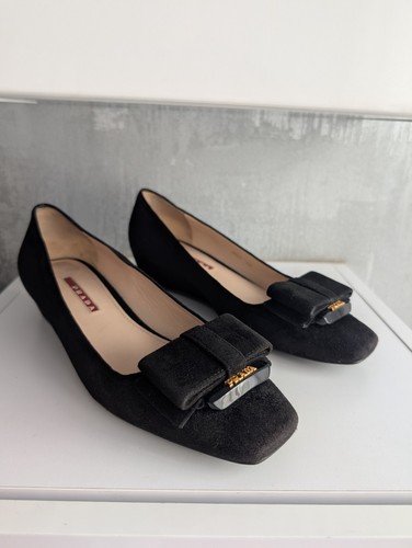 Prada Black Suede Bow Gold Logo Pumps Ballet Flats Ballerina Shoes Wedge Sz 38.5 - Picture 7 of 19