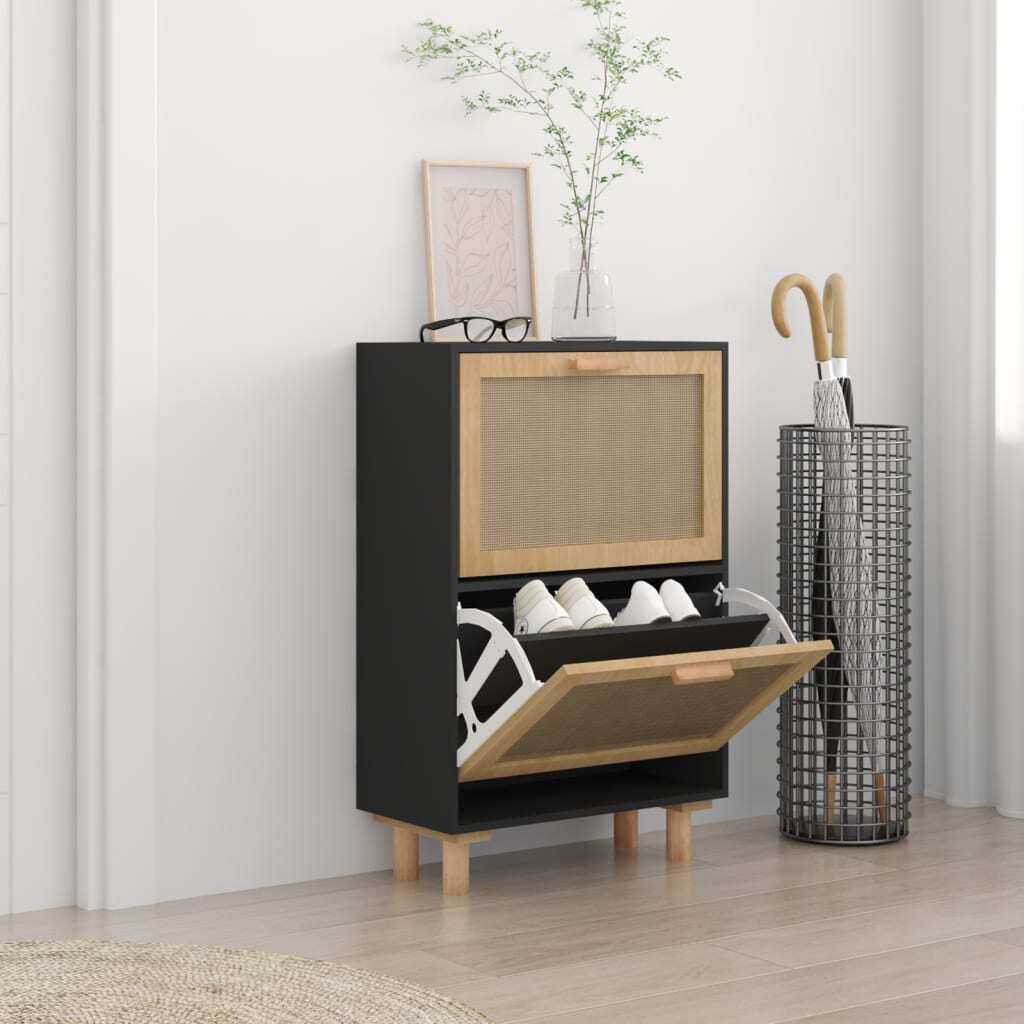 Zapatero madera contrachapada negro ratán natural 52x25x80 K0F2