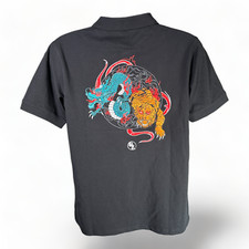 Koisea Polo XL Mens Black Button Casual Dragon Solid Embroidered Shirt Dragon