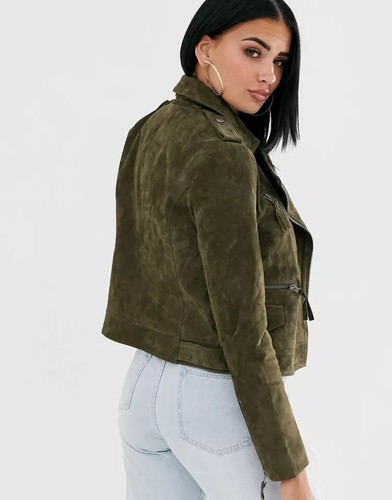 Chaqueta clásica de cuero de gamuza verde hecha a mano para motociclista de motociclista para mujer - Imagen 3 de 8