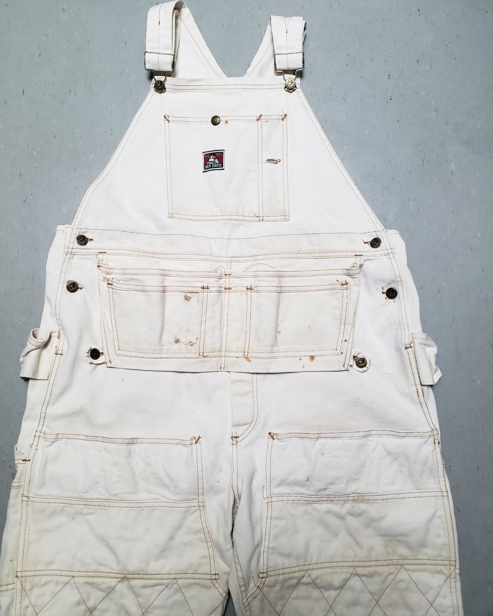 Vtg BEN DAVIS 100% Cotton White Denim Double Knee Overalls