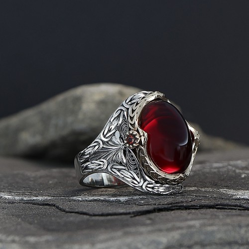 Solid Real Sterling Silver Garnet Stone Men's Ring All Size #TR178 - Picture 4 of 7