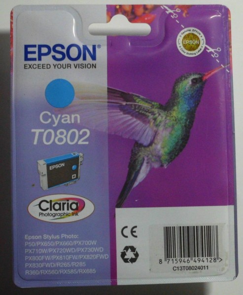 Epson T0802 Tinte Cyan Stylus Photo R265 R285 R360 RX560 RX685 PX700W P50 PX830-image