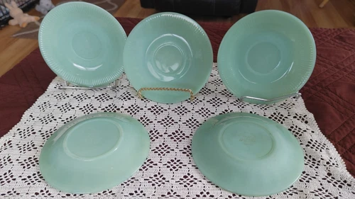 (5) Vintage Fire King Jadeite Jane Ray Ribbed Saucers 5.75” - All Bottom Marked