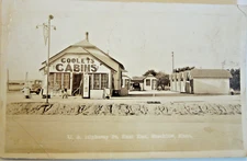 1930's CONOCO gas station, COOLET'S CABINS, Stockton, KS. RPPC 5 1/2" x  3 1/2"