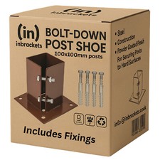 Bolt Down Fence Post Support Shoe Anchor Brown  100mm 4" Post Includes Fixings