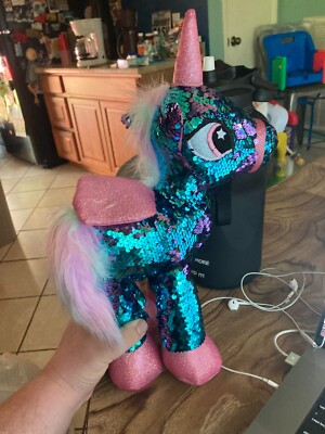 Flip Sequin Stuffed Unicorn Plush Toy with Reversible Purple Aqua Glitter 10.5''