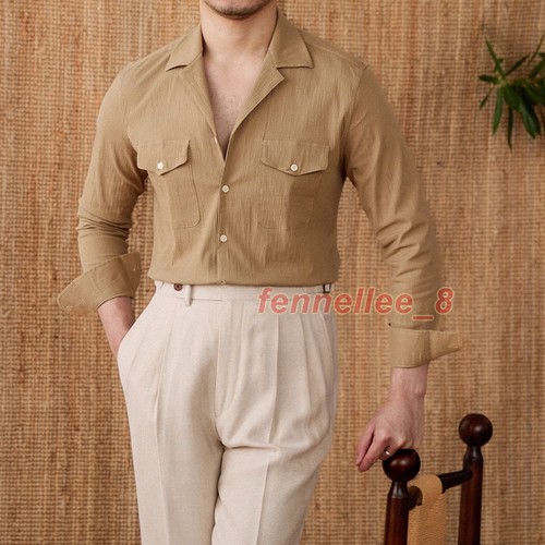Mens Cuban Collar Naples Shirts Vintage Formal Long Sleeve Seersucker Shirt Tops - 第 12/19 張圖片